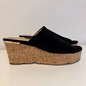 Marc Fisher Suede Leather Chunky Cork Platform Wedge Heel Sandals Black US 8.5